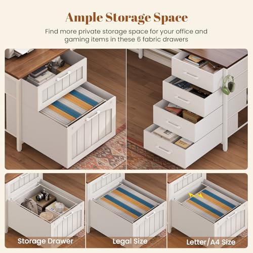 SEDETA Farmhouse L Shaped Office Desk with 6 Drawer, Reversible Computer Desk with Power Outlet, Hutch for Home Office/Two Person, Corner Desk with File Drawer & Printer Storage Shelves, White SEDETA