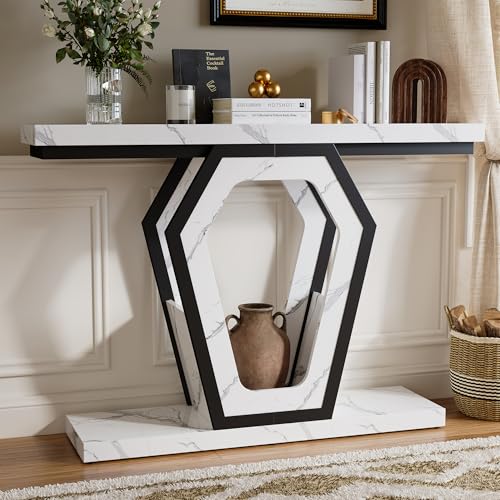 FUSUNBAO 47.3" Console Table,Openwork Bracket Sofa Table, Wood Narrow Entryway Table for Hallway, Behind The Couch, Living Room, Foyer, Easy Assembly（White Marble Texture） FUSUNBAO