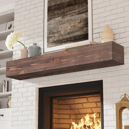 Eshoma Fireplace Mantel - Handcrafted Solid Mantel Shelf for Over Fireplace - Wall Mounted Floating Mantel Shelf with Invisible Brackets - 60 Inch - Aged Brown Eshoma