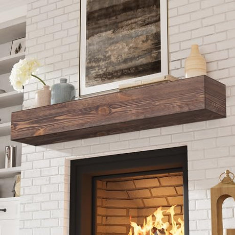 Eshoma Fireplace Mantel - Handcrafted Solid Mantel Shelf for Over Fireplace - Wall Mounted Floating Mantel Shelf with Invisible Brackets - 60 Inch - Aged Brown Eshoma