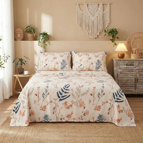 JSD Boho Floral Printed Sheet Set Twin Size 3 Piece, Soft Botanical Pattern Microfiber Sheets Extra Deep Pocket JSD