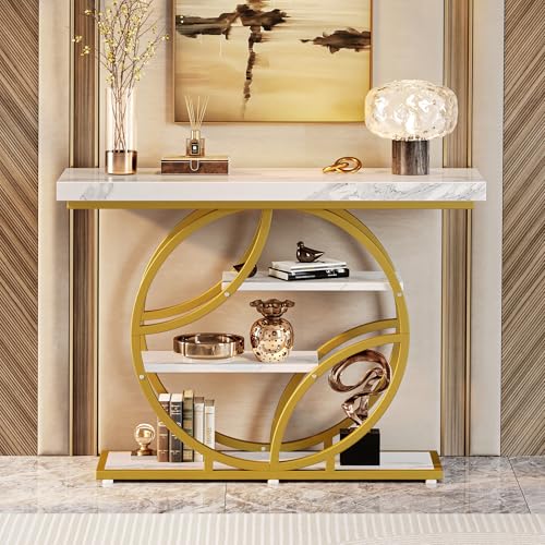 Huuger 41.3 Inch Entryway Table with Marble Top, Modern Console Sofa Table, Accent Table with Shelves, for Entry, Hallway, Entrance, Foyer, O-Shaped Metal Frame, White Marble & Gold Huuger