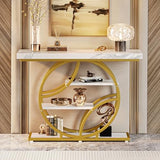 Huuger 41.3 Inch Entryway Table with Marble Top, Modern Console Sofa Table, Accent Table with Shelves, for Entry, Hallway, Entrance, Foyer, O-Shaped Metal Frame, White Marble & Gold Huuger