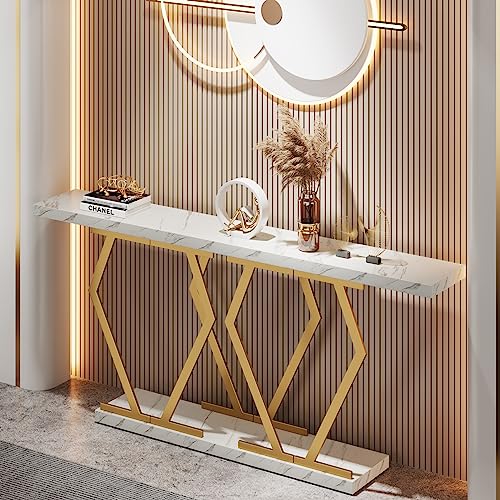 Tribesigns 70.9 Inch Extra Long Sofa Table， White and Gold Console Table with Faux Marble Tabletop, Modern Long Entryway Table with Gold Frame - WoodArtSupply