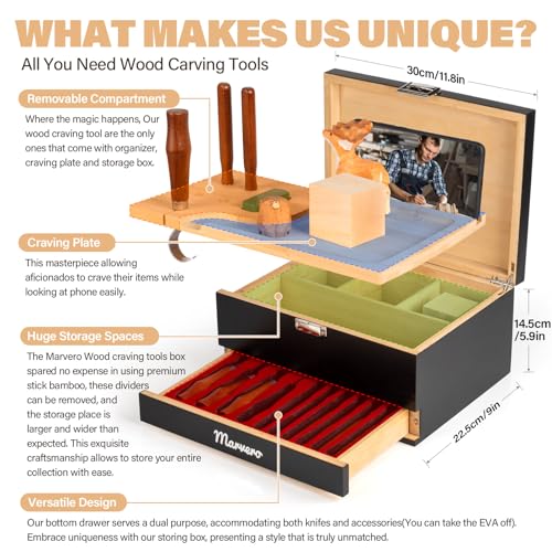 17-in-1 Wood Carving Kit - Wood Carving Tools Set -Wood Carving Knife Set, Whittling Knives Kit, Woodworking Kit Wood Carving Tools Set with Large Wood Boxes for Crafts (Black) Marvero