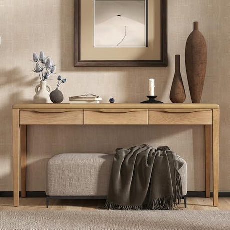Merax 59.84'' Elegant Console Table with Oak Veneer,Light Luxury Entryway Table with 3 Drawers,Farmhouse Sofa Table with Soft-Corner Design,Suitable for Living Room, Foyer and Hallway, Natural Merax