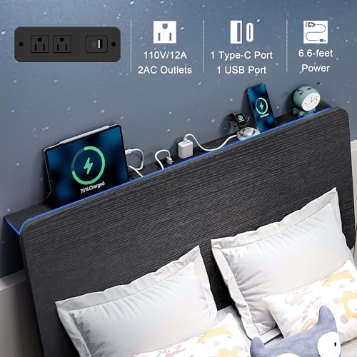 Feonase Twin Bed Frame with Ergonomic Storage Headboard & Charging Station, LED Platform Bed Frame, Heavy Duty Metal Slats, No Box Spring Needed, Easy Assembly, Black Feonase