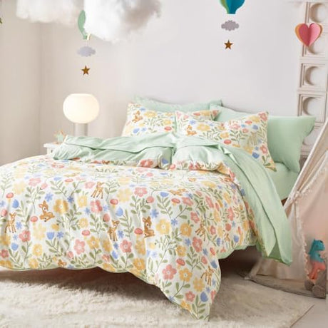 Wake In Cloud - Floral Bedding Set for Girls, Cute Colorful Botanical Flowers Deers Patterned Soft Lightweight Comforter Set with Sheets, 5 Pieces Kids Bed in a Bag, Green Cream, Twin Size Wake In Cloud