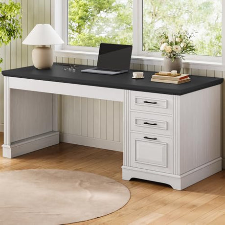Itaar Farmhouse 55" Executive Desk, Computer Desk with Storage Drawers and Power Outlet, Home Office Desk, Workstation for Office Home, White Itaar
