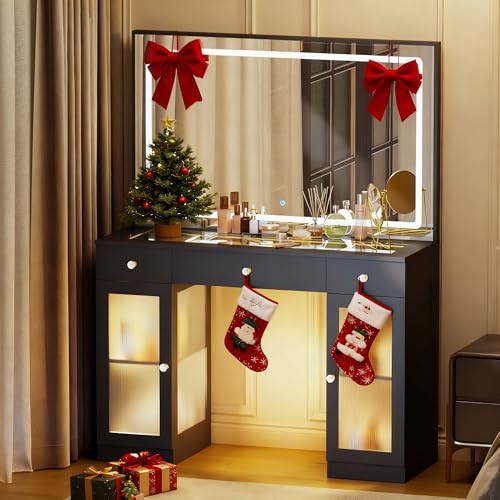 Fkhouse Glass Top Makeup Vanity with Mirror and Lights, Crystal Knobs Vanity Desk with 3 Drawers and Charging Station, Adjustable Lighting Color Makeup Table, Black Fkhouse