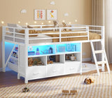 BTHFST Low Loft Bed Twin Size with 3 Storage Drawers, 3-Tier Kids Bookshelf, 5 Open Cubbies and 2 LED Lights Strips, Metal Kids Loft Bed with High Safety Guardrail, Inclined Ladder and Play Area BTHFST