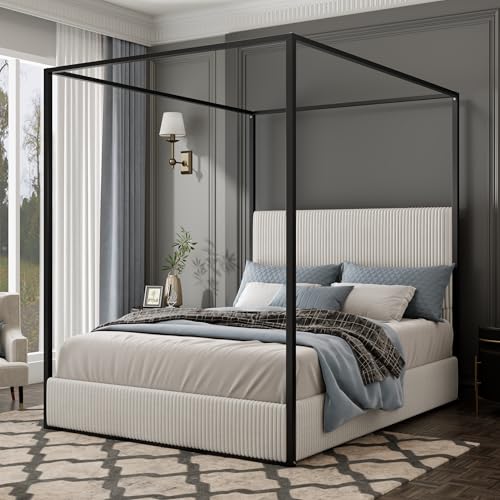 LUMISOL Queen Size Upholstered Canopy Bed, Metal 4 Poster Platform Bed with Tall Corduroy Headboard, Black Canopy Bed Frame with Headboard, No Box Spring Needed, White