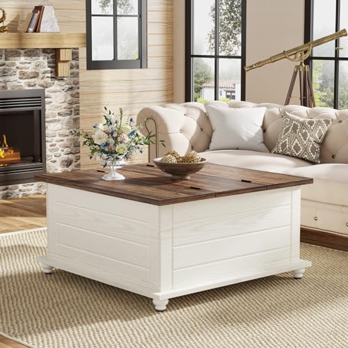 Tribesigns Farmhouse Coffee Table with Storage, Wood Square Coffee Table with Large Hidden Storage Compartment, Rustic Center Table for Living Room, Brown & Warm White - WoodArtSupply