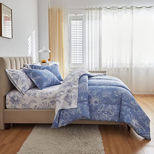 Flysheep Botanical Bed in a Bag Queen Size 7 Pieces, Reversible Blue and White Flower Printed Comforter Bedding Set (1 Comforter, 1 Flat Sheet, 1 Fitted Sheet, 2 Pillow Shams and 2 Pillowcases) Flysheep