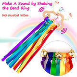 Baby Sensory Ribbon Ring Toys - 2Pcs Rainbow Ribbon Rattle Natural Wooden Ribbon Ring Molar Wood Circle Newborn Teether Sensory Montessori Toy for 6-12 Month Babies Toddler FPVERA