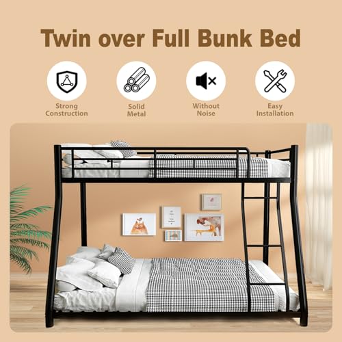 HomJoones Metal Twin Over Full Size Bunk Bed for Adults & Kids,Twin Over Full Bunk Beds, Low Profile Bunkbeds with Length Guardrail and Ladder, No Box Spring Needed,Space Saving HomJoones