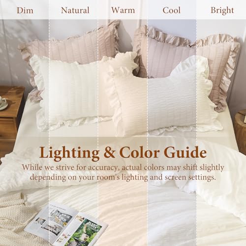 JOLLYVOGUE Ivory Twin Size Comforter Set, 2 Pieces Seersucker Lightweight Fluffy Bedding Set, Twin Ruffle Comforter, All Season Soft Microfiber Shabby Chic Bed Set JOLLYVOGUE