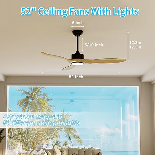 REVOICI Ceiling Fans with Lights Remote 52inch Natural Solid Wood Fan Timing 6Speeds Silent Reversible DC Motor 3CCT LED Light with Memory Lighting Function Indoor Outdoor Fan Farmhouse Bedro - WoodArtSupply