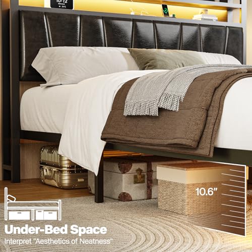 Siihnon Queen Size Bed Frame with 2-Tier Storage Shelves, LED Bed Frame with PU Leather Headboard, Metal Platform Bed with Charging Station, Noise Free, No Box Spring Needed, Easy Assembly, Black Siihnon