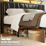 Siihnon Queen Size Bed Frame with 2-Tier Storage Shelves, LED Bed Frame with PU Leather Headboard, Metal Platform Bed with Charging Station, Noise Free, No Box Spring Needed, Easy Assembly, Black Siihnon