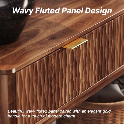 Cooday Console Table with Solid Wood Leg,Fluted Entryway Table with Storage Drawers, Mid-Century Modern Narrow Console Table for Living Room,Hallway,Walnut Cooday