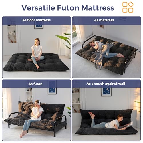 MAXYOYO 6" Japanese Floor Mattress, Foldable Futon Mattress Full Size, Tufted Roll Up Floor Bed, Thick Tatami Mat Sleeping Pad Portable Lounger for Camping Guest Room Dormitory Bedroom RV, Black MAXYOYO
