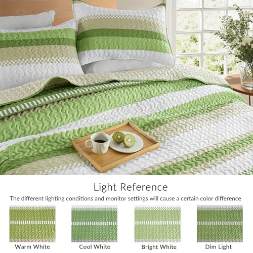Whale Flotilla Twin Quilt Set - Reversible Green Quilts Twin Size with 1 Pillow Sham, Lightweight Boho Striped Bedspreads Coverlet Bedding Set for All Seasons Whale Flotilla