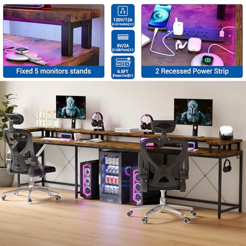 Garvee 79 Inch u Shaped Computer Desk,Large Gaming Desk with Power Outlets & LED Lights,Reversible l Shaped Desk for Home Office Work and Gaming,Rustic Brown Garvee
