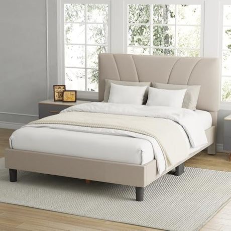 Avenco Queen Bed Frame, Upholstered Platform Bed Frame with Adjustable Headboard, Wood Slat Support, Easy Assembly, No Box Spring Needed, Beige Avenco