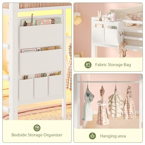 UPOSOJA Bunk Bed Twin Over Twin Bed Frame with LED Lights, Metal Bunk Bed with 13" Guardrail & 3-Step Ladder, Space Saving for Kids and Teen, White UPOSOJA