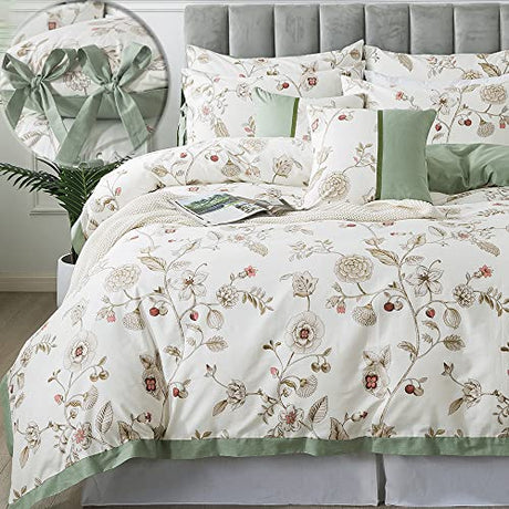 FADFAY Floral Bedding Set Full 100% Cotton Shabby and Chic Beige Green Reversible Duvet Cover Vintage Pink Flower Print Bed Covers Luxury Girls Pretty Bowknot Soft Crisp Zipper Comforter Cover 3Pcs FADFAY
