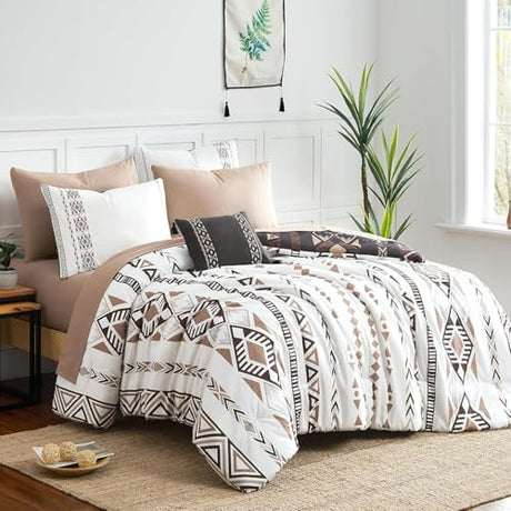 Geniospin Queen Comforter Set - 7 Pieces Reversible Bedding Set, Western Bed in A Bag, Lightweight Soft Aztec Bedding, All Season Bed Comforter Set with Sheets, Pillowcases & Shams Geniospin