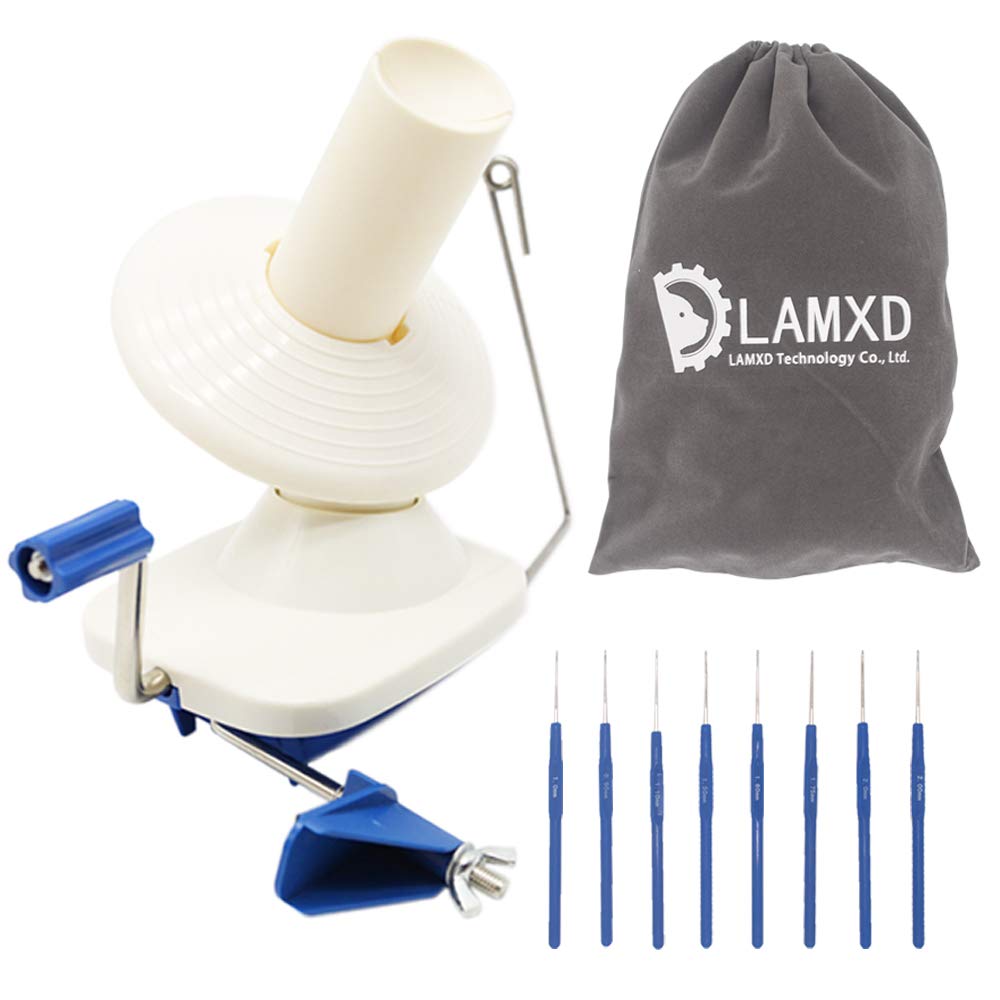 LAMXD Needlecraft Yarn Ball Winder Hand Operated,Capacity 4-Ounce,Blue,Portable Package,Easy to Set Up and Use,Sturdy with Metal Handle and Tabletop Clamp,Including 8 Sizes Crochet Hooks Set LAMXD