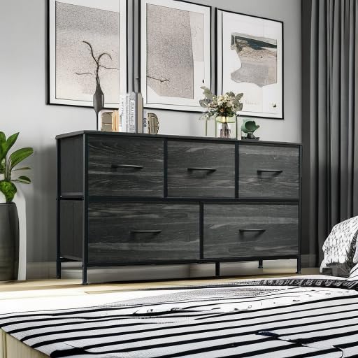 WLIVE Dresser for Bedroom with 5 Drawers, Wide Chest of Drawers, Fabric Dresser, Storage Organizer Unit with Fabric Bins for Closet, Living Room, Hallway, Charcoal Black Wood Grain Print WLIVE