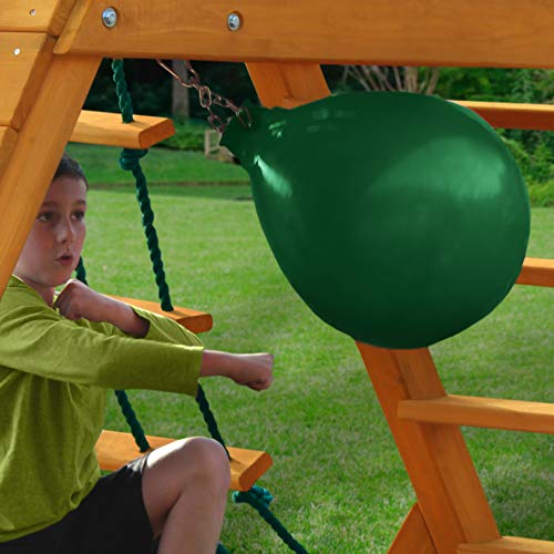 Gorilla Playsets 01-1059-AP High Point Wood Swing Set with Green Vinyl Canopy, Two Swings, Rock Climbing Wall, Slide, Amber - WoodArtSupply