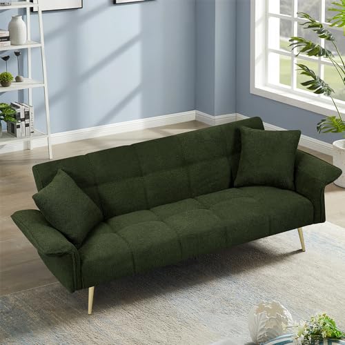 Modern Velvet Futon Sofa Bed ,Convertible Upholstered Couch Bed Loveseat Sleeper, Folding Small Couches Loveseat, Reclining Sofa, Foldable Roll Arms with Pillow for Small Spaces (Green Velvet) Klwenas Maec
