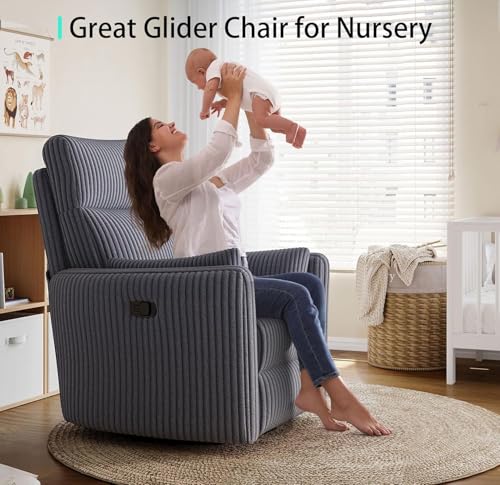 LINSY 360 Swivel Recliner Chair, Nursery Glider Rocking Chair with 2 Pillows, Corduroy Nursing Chair Comfy High Back Adult Rocker Recliner for Small Spaces, Nursery Bedroom Living Room (Gray)