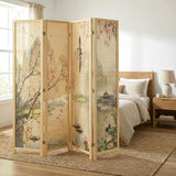 MyGift 4-Panel Folding Bamboo Room Divider Asian-Inspired Cherry Blossom Scene, 6 FT Freestanding Floral Artwork Room Partitioner with Beige Wood Frame MyGift