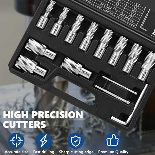 XJX 14 Pcs Annular Cutter Set, 3/4 Inch Weldon Shank 1” Cutting Depth 7/16 to 1-1/16 Inch Cutting Diameter Magnetic Drill Press Bits with 2 Pilot Pin and Hex Wrench - WoodArtSupply