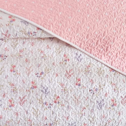 Joyreap 3 Pieces Cotton Quilt Set for Girls, Full/Queen Size Pink Flowers Floral Design, Cozy Lightweight Quilt Bedspread Bed Cover for All Season, 1 Quilt and 2 Pillow Shams- 90x90 inches Joyreap