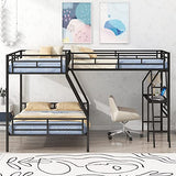 HZSSDTKJ Twin Over Full Size L-Shaped Bunk Bed with Built-in Desk and Sloping Ladder,Metal Twin Size Loft Bed with Headboard and Footboard for Kids Teen Girls Boys Adults Bedroom Furniture (Black) HZSSDTKJ