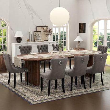 HAIZAO Extendable Oval Dining Table Set with 8 High-End Velvet Upholstered Chairs, 59 to 91 Inch Kitchen Table & Tufted Solid Wood Dining Chairs with Nailhead Trim, Contemporary Dining Room Furniture HAIZAO