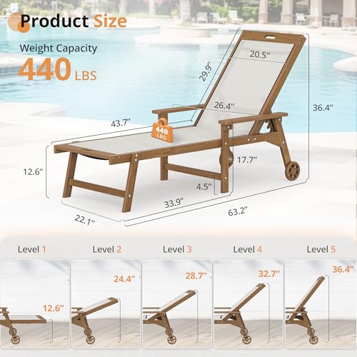 LUE BONA Chaise Lounge Chair Outdoor Set of 2, HDPS and HDPE Wicker Chaise Lounger with 5 Positions, Pool Lounge Chairs with Wheels and Adjustable Backrest for Patio, Poolside, Deck, Backyard