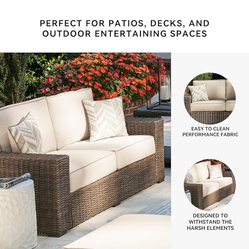 Signature Design by Ashley Coastline Bay Casual Weather Resistant Outdoor Loveseat with Cushion and 2 Throw Pillows, Beige & Dark Brown Signature Design by Ashley