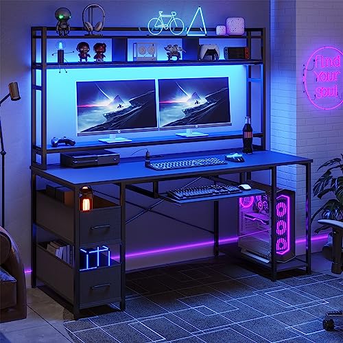 SEDETA Gaming Computer Desk, 55" Gaming Desk with LED Lights and Hutch, Computer Desk with Drawer, Power Outlet, Storage Shelves and Monitor Stand, Home Office Desk, Gamer Desk PC Table, Blac - WoodArtSupply