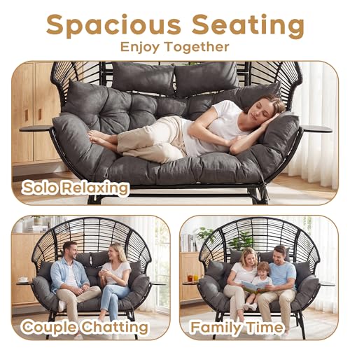 CHINNLUU Double Egg Chair Outdoor Indoor 2 Person Wicker Egg Lounge Chair with Foldable Cup Holder Cushion Rain Cover Patio Oversized Loveseat for Balcony Porch Backyard