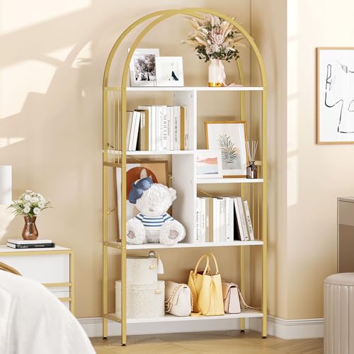 YITAHOME 5-Tier Gold Arched Bookshelf - Elegant White & Gold Storage Rack for Home, Office, and Living Space YITAHOME