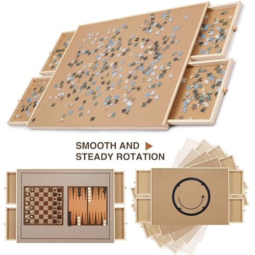 Redipo 1500 Pieces Wooden Puzzle Board, Puzzle Table with 4 Drawers, 36" x 25" Portable Lazy Susan Spinning Puzzle Boards with Cover Mat and Chess Set, Rotating Puzzle Tables for Adults and Kids Redipo