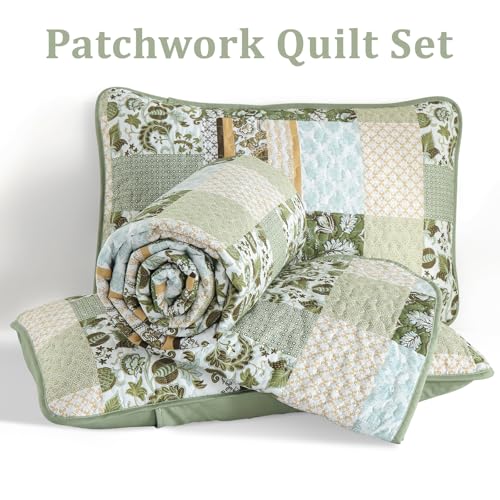 WONGS BEDDING Quilt Set Queen Size Green, 3 Pieces Patchwork Plaid Bedspread Coverlet Set, Floral Soft Microfiber Bedding Set for All Season(96"×90“) WONGS BEDDING