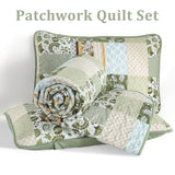 WONGS BEDDING Quilt Set Queen Size Green, 3 Pieces Patchwork Plaid Bedspread Coverlet Set, Floral Soft Microfiber Bedding Set for All Season(96"×90“) WONGS BEDDING